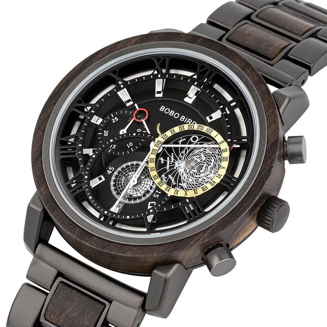 BOBO BIRD Wood & Stainless Steel Waterproof W-T044 Men's Chronograph Watch